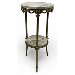 Late 20th century cast gilt metal and marble two-tier stand, pink and grey marble top and undertier, the base decorated with floral garlands, on reed moulded supports with splayed terminals 