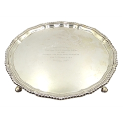  Naval interest - Silver salver by Edward Barnard & Sons Ltd Birmingham 1921 'Presented to Captain A.L.S. Harris R.M.A. by the Captain and Ward Room Officers H.M.S. Ramillies 11th April 1923', approx 28oz  