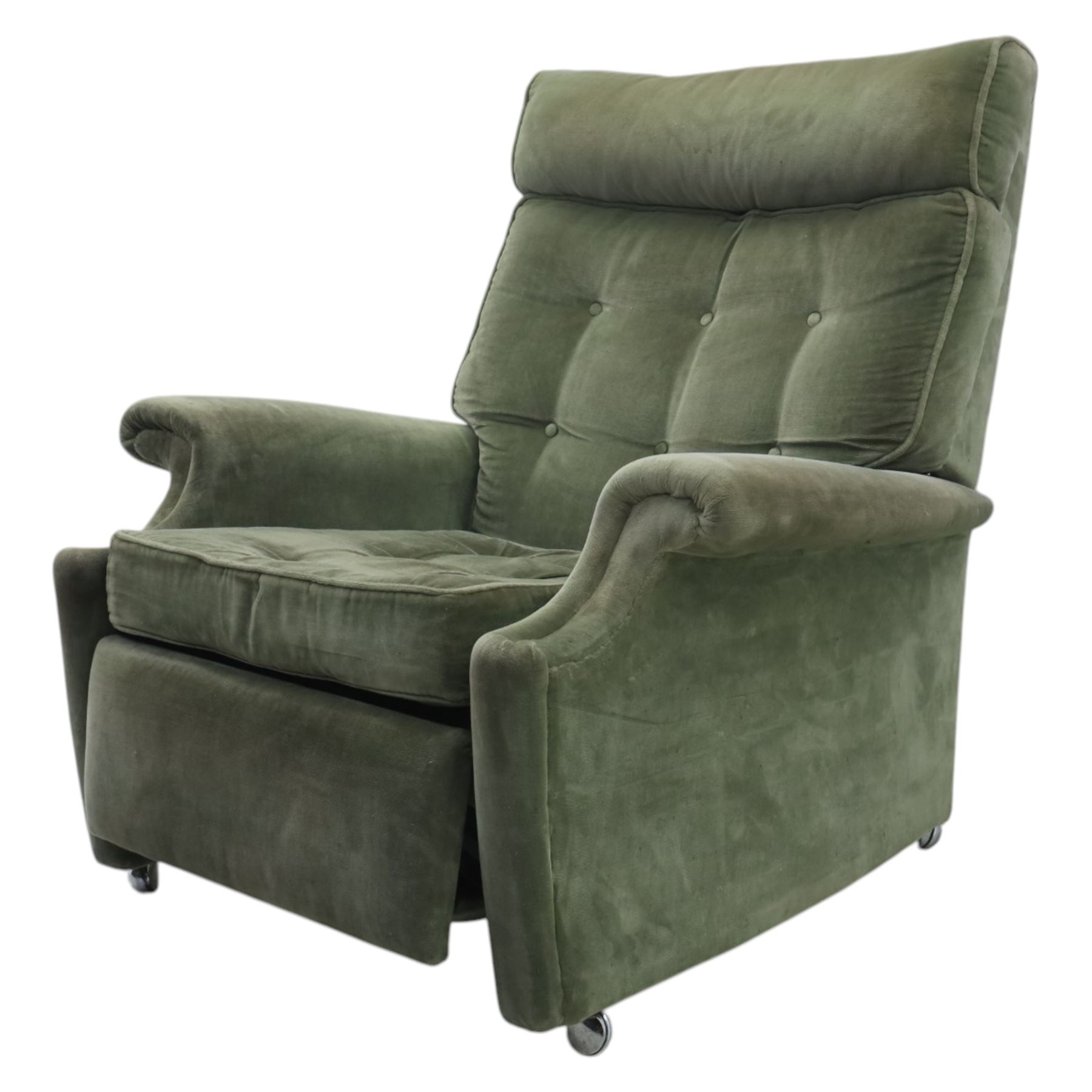 Parker Knoll - mid 20th century reclining armchair, upholstered in green velvet button fabric