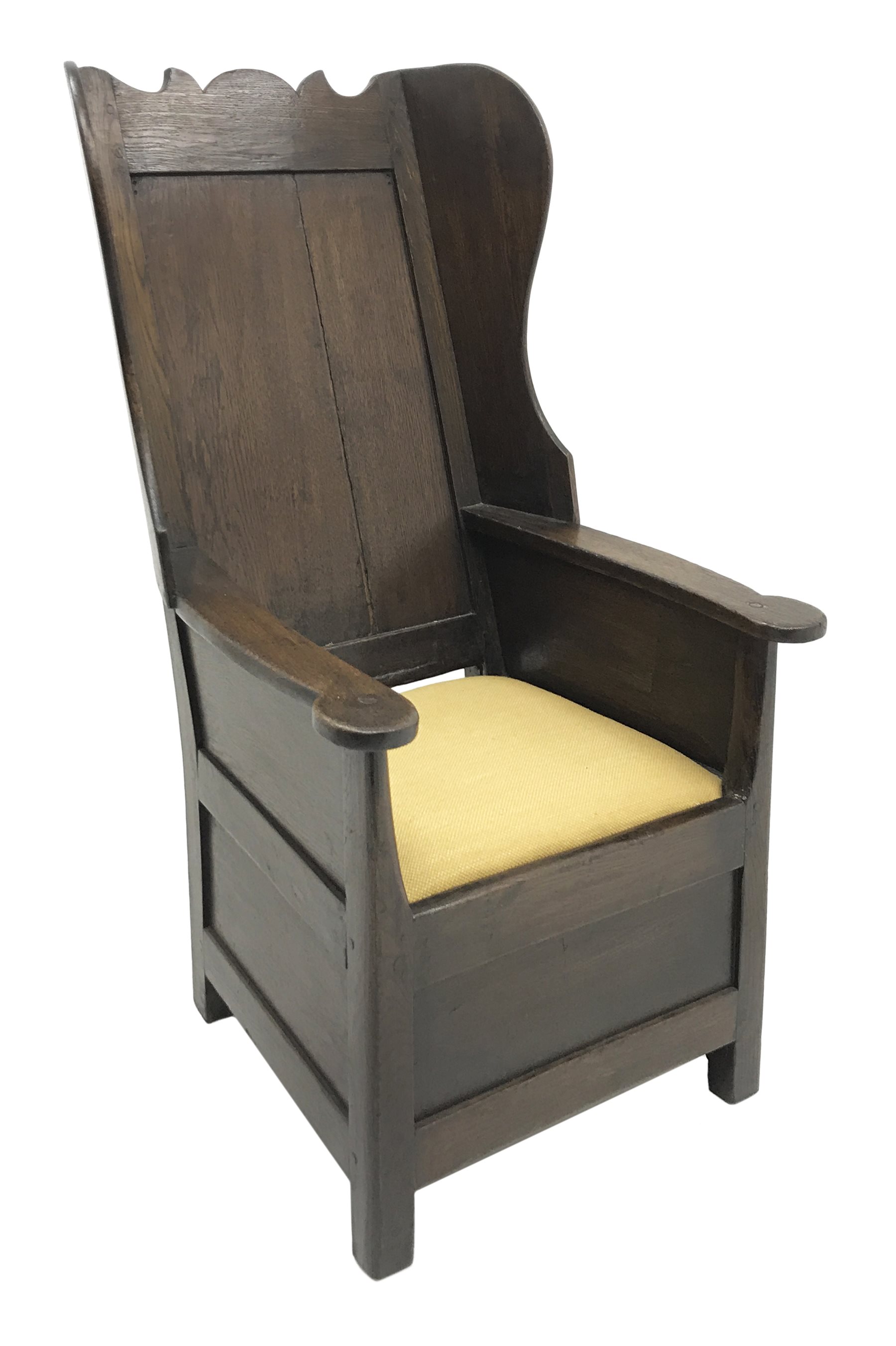 18th century Yorkshire Dales oak lambing chair, shaped cresting rail