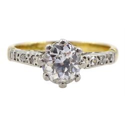18ct gold single stone old cut diamond ring, with diamond chip shoulders, diamond approx 0.50 carat 