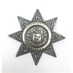  Victorian Scottish Highland Infantry Regiment silver helmet plate, with horn and stag in an eight point star, engraved J.Mercer P.C.R, D8.5cm, Hallmarked Birmingham 1871  