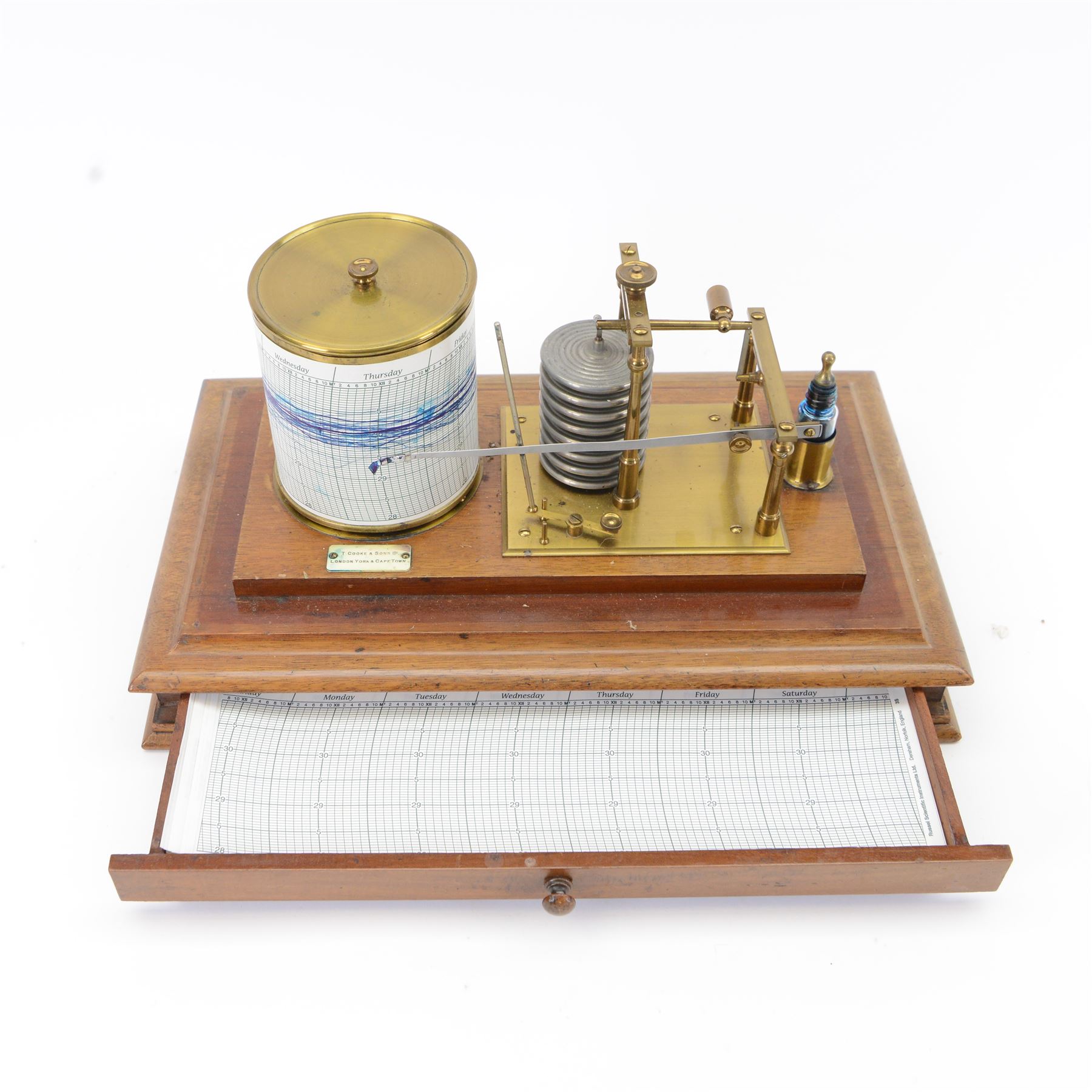 20th century T. Cooke & Son barograph, with clockwork movement and glass ink bottle, upon a wooden base with one drawer and four bracket feet, H20cm, L36cm