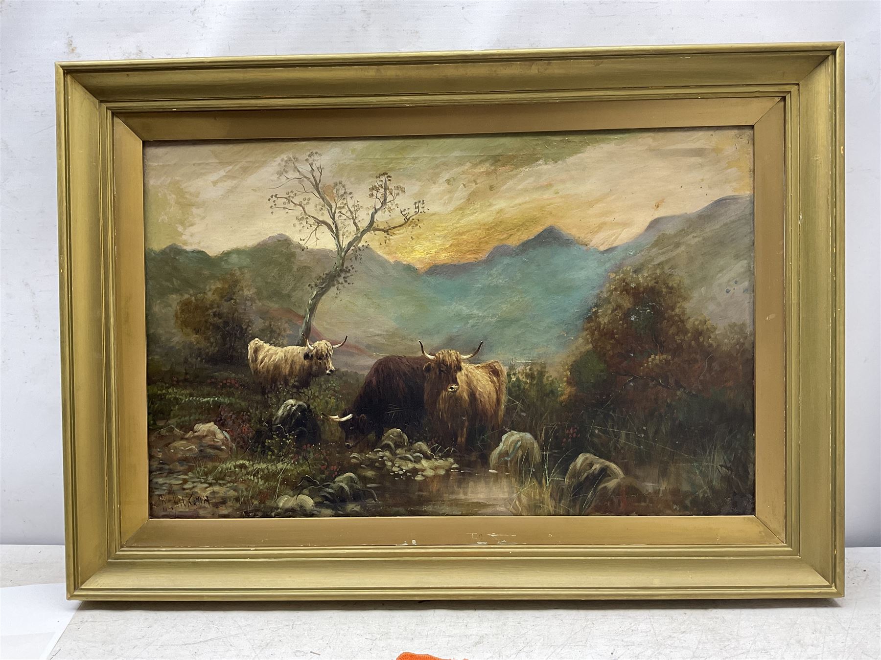 Scottish School (19th Century): Highland Cattle, oil on canvas indistinctly signed 44cm x 69cm