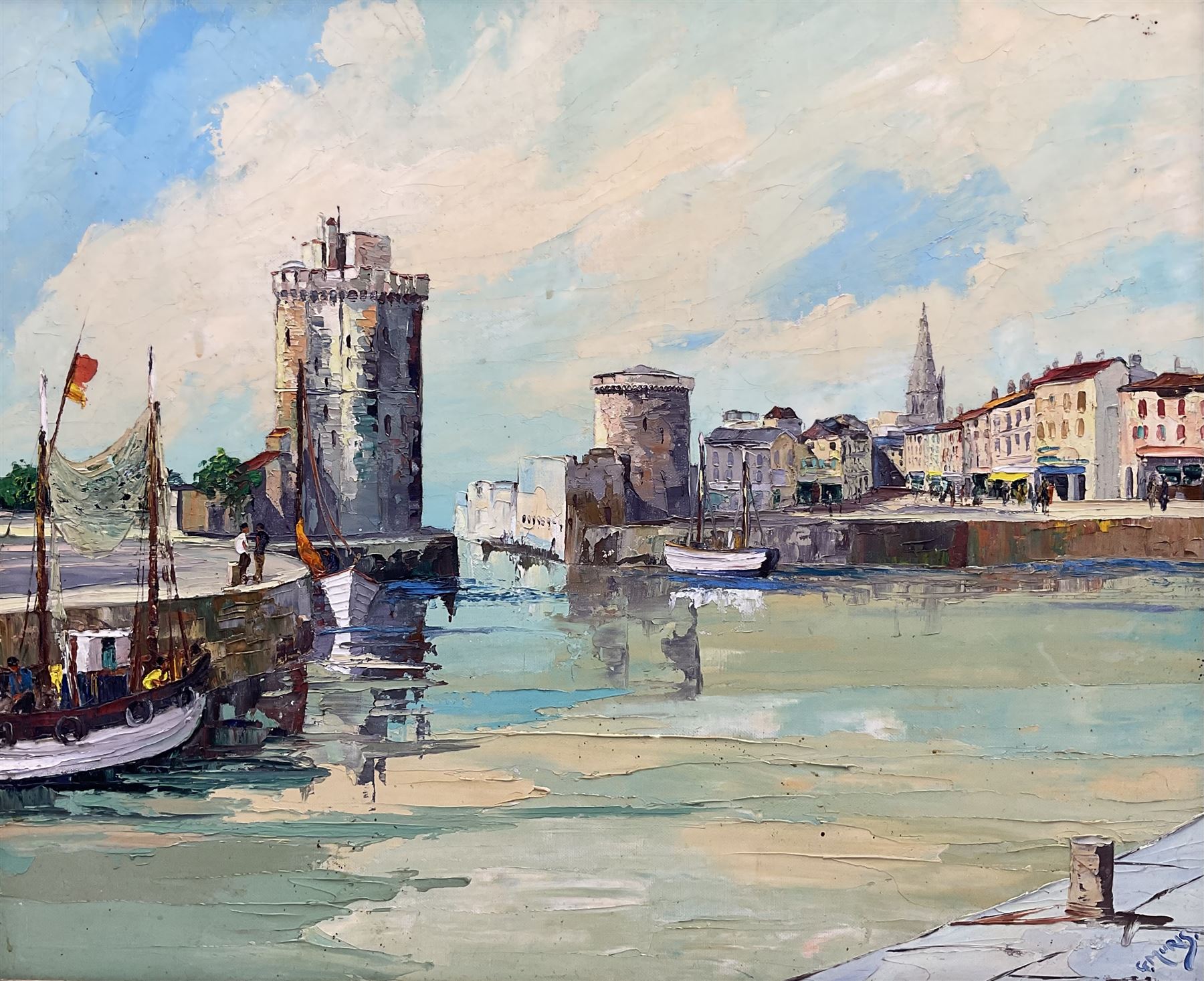 George Muris (British c.1914-1988): Continental Harbour Scene, impasto oil on board signed, titled verso 49cm x 59cm 
