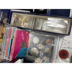Commemorative and other coinage, including various Queen Elizabeth II 'London 2012 sports collection' fifty pence coins on cards, commemorative crowns, Millennium 2000 'Time Capsule' coin set, channel islands old round one pound coins, part sets etc