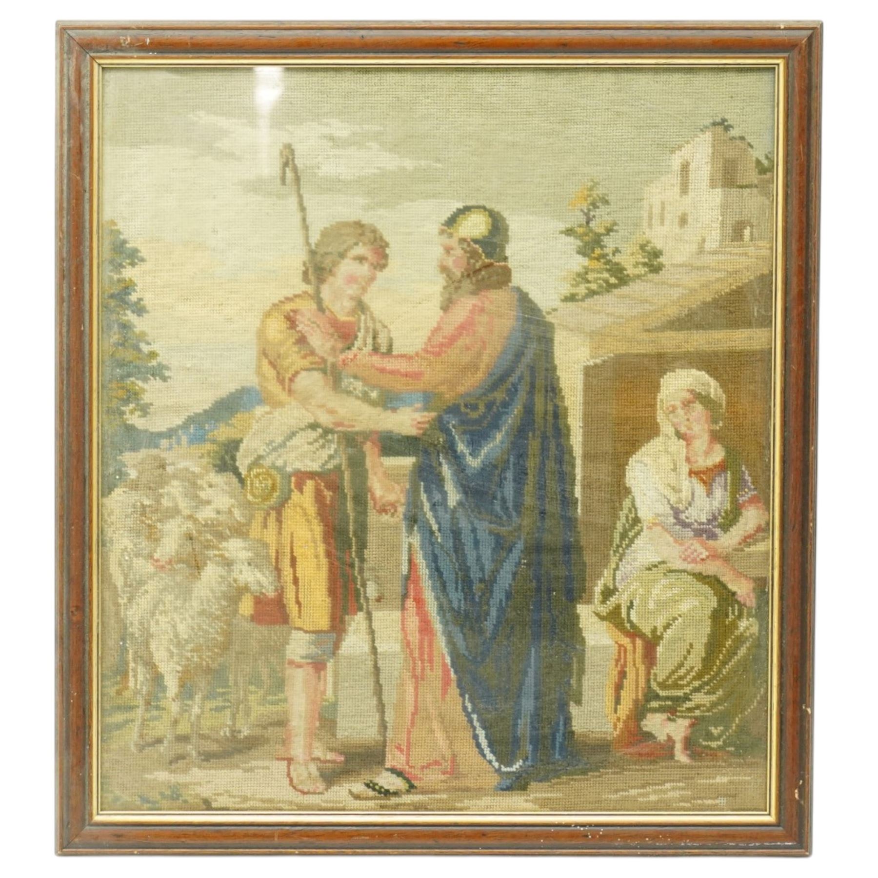 Set of five Victorian petit point needlework samplers, depicting various religious and continental scenes, framed, largest including frame 63cm x 56cm (5)