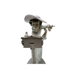 Lladro figure modelled as a female figure playing the flute, Songbird no 6093, together with two further Lladro figures modelled as dancers. 