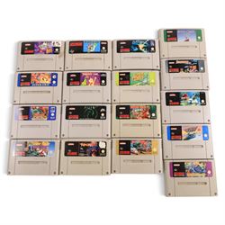Super Nintendo Entertainment System console, three controllers including a Sprint Pad, a Nintendo Game Cube controller and a collection of SNES games, comprising Mystic Quest Legend, Flashback, Super Swiv, Eek The Cat, Street Fighter II, Dragons Lair, Jurassic Park Part II, Equinox, Donkey Kong Country, Super Mario World, Stunt Race, Super Tennis, Primal Rage, Alien 3, Starwing and F-Zero, all unboxed 