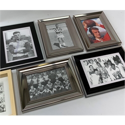 A group of football related autographed prints, comprising eight examples signed by Leeds United footballer John Charles, and a further example signed by Leeds United footballer Dave MacAdam and Scottish footballer David Cochrane, each framed and glazed. 