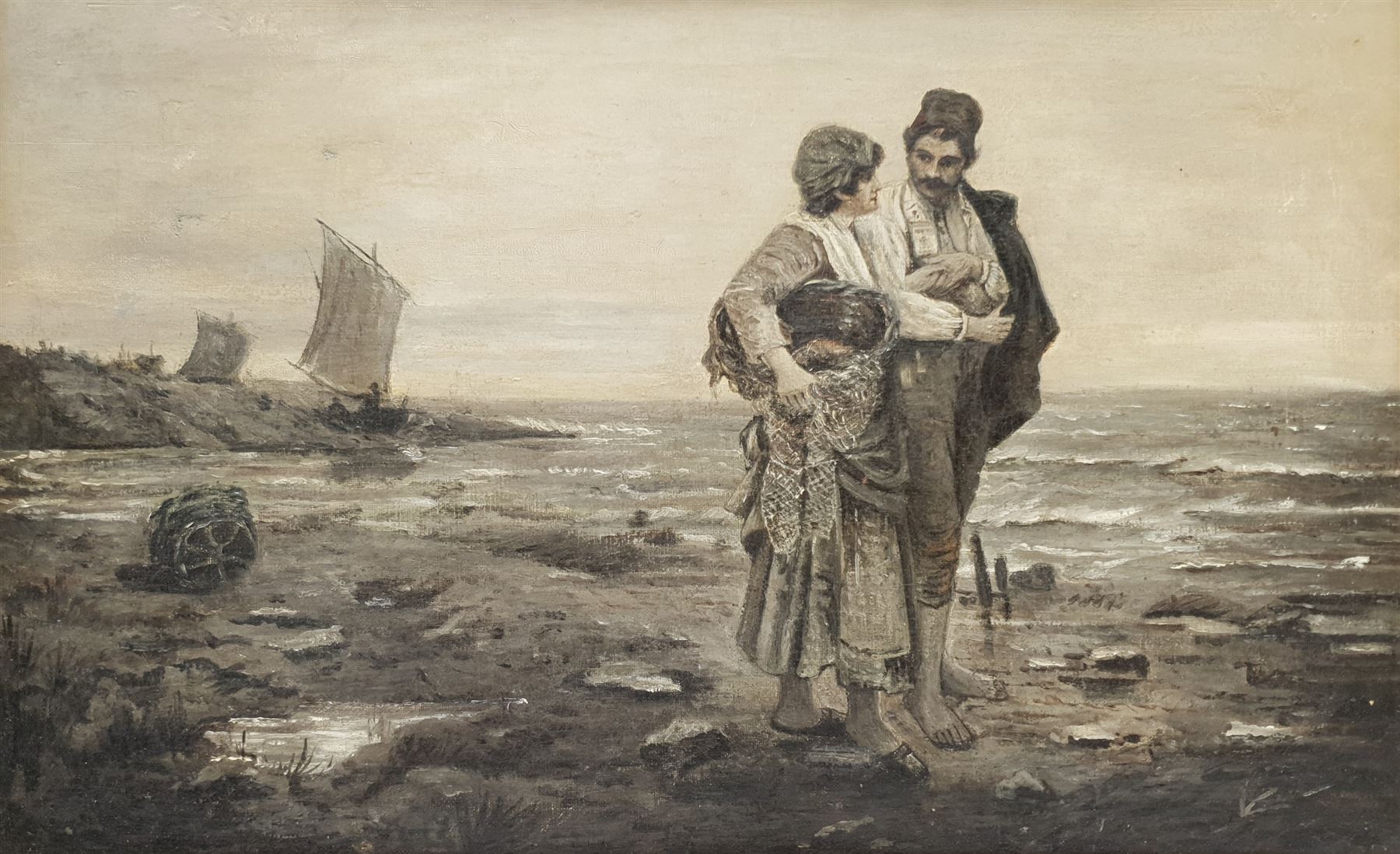 English School (19th century): Fishergirl and Courtier in a Coastal Landscape, oil on canvas en grisaille unsigned 30cm x 47cm