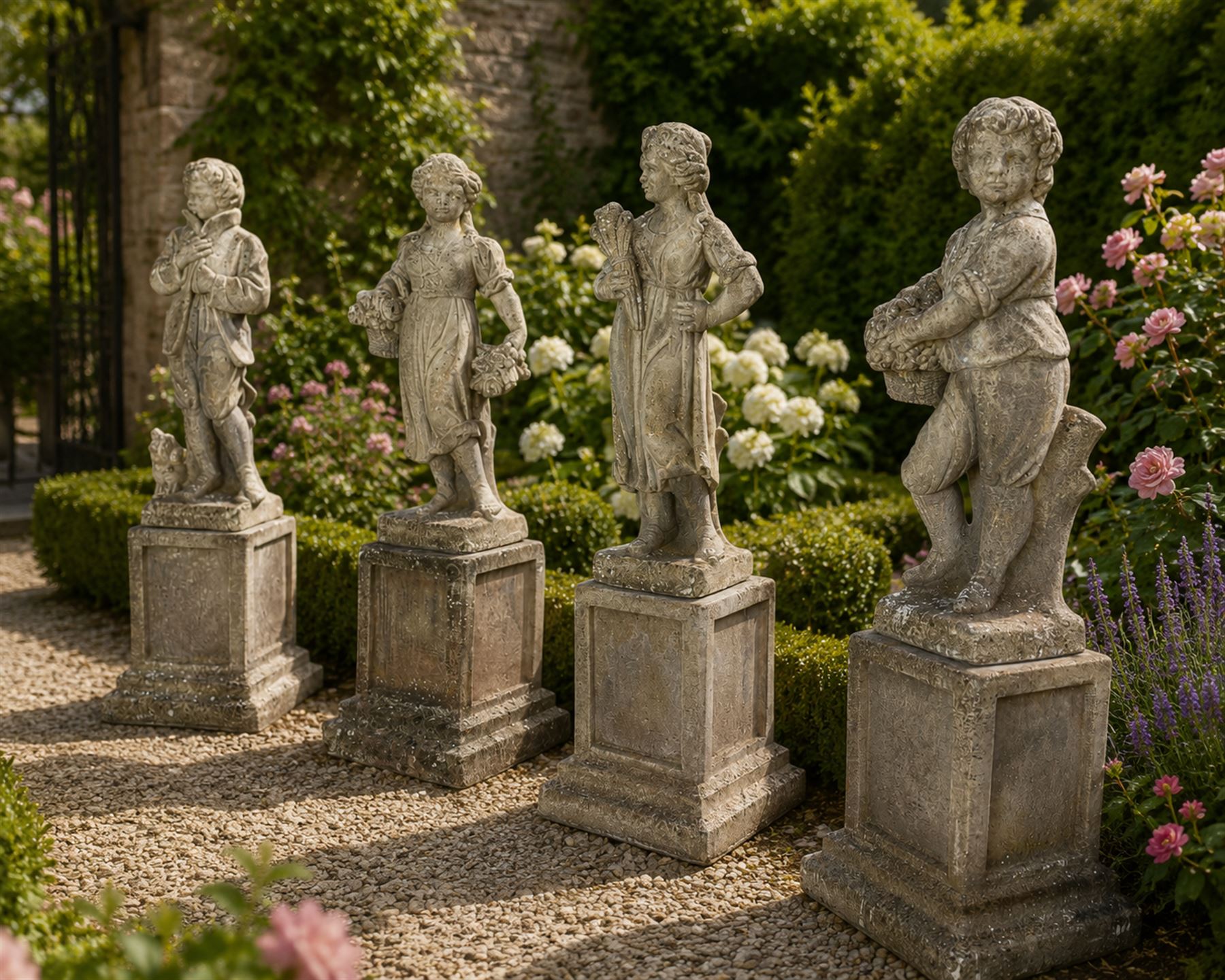 The Four Seasons - set of four traditional cast stone garden figures, in a weathered finish, stamped 'Lucas'