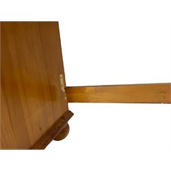 Pair pine bedside chests (W47cm, D38cm, H59cm), polished pine bookcase, and a single pedestal desk 