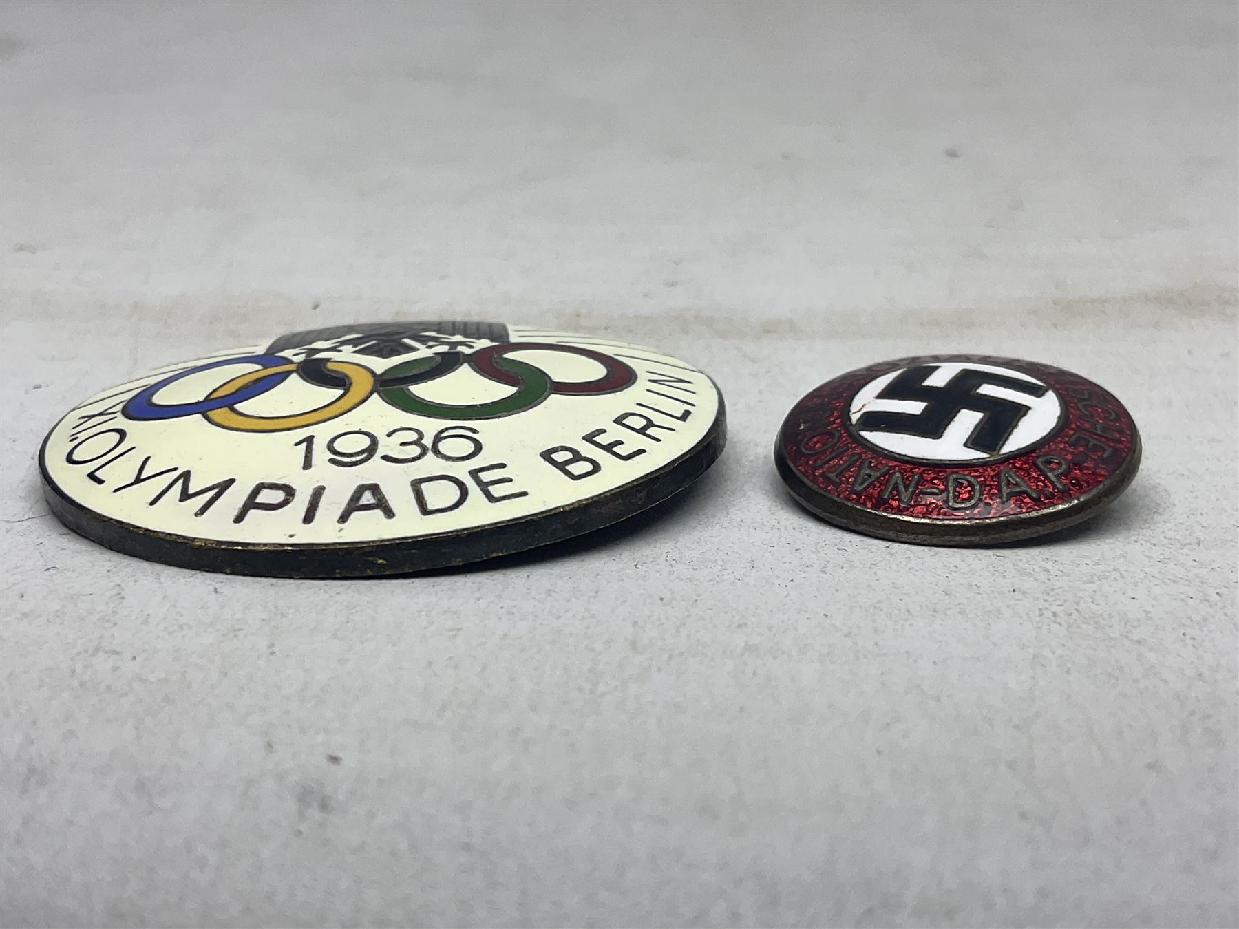 WW2 German NSDAP Party members enamel pin badge by RZM numbered M1/90; and 1936 XI Olympiade Berlin enamel badge by H. Osang, Dresden (2)
