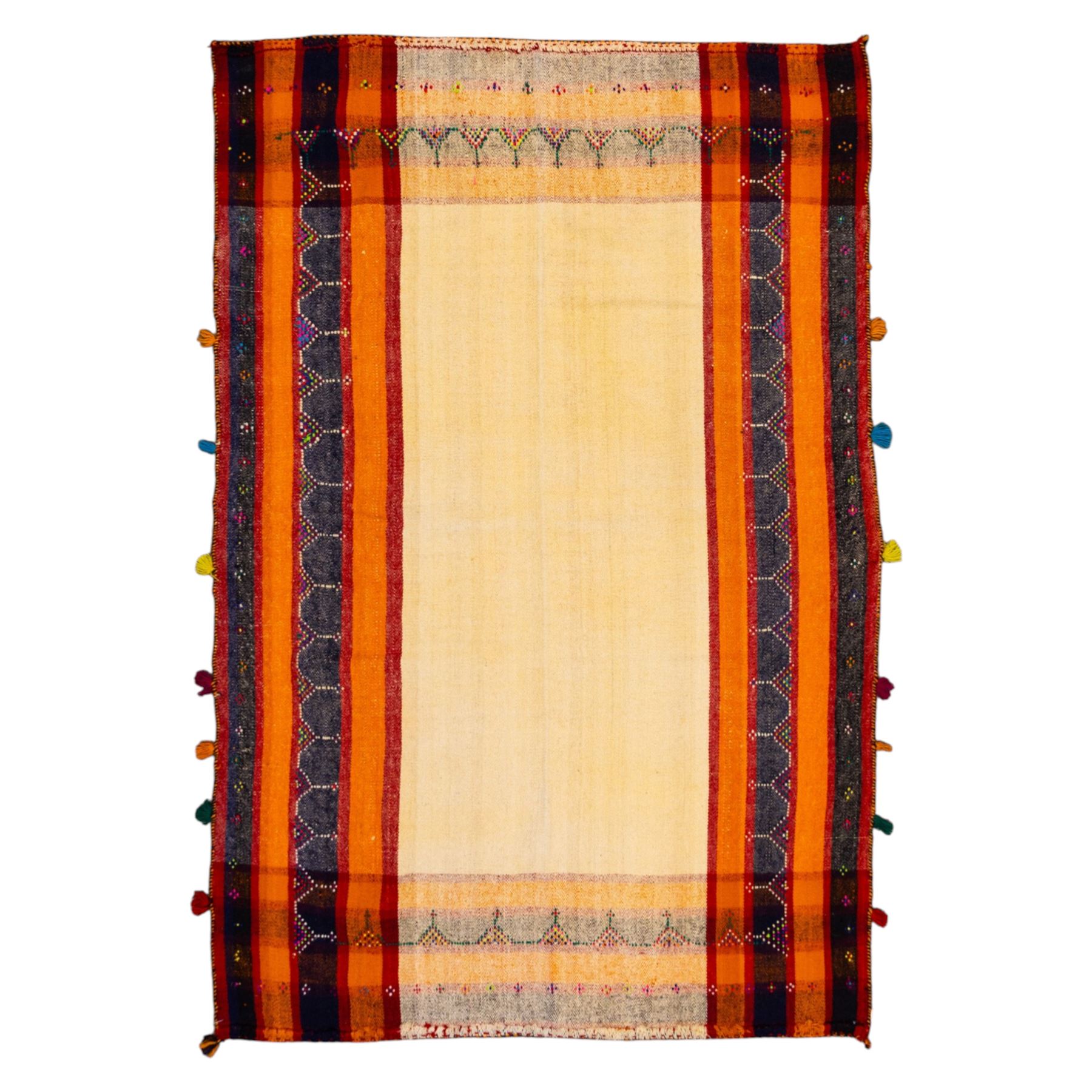 South West Persian Jajim kilim, central ivory field flanked by vertical bands of terracotta orange and dark brown decorated with simple geometric tribal motifs with raised wool pile details, edges finished with small coloured tassels 