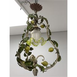 A toleware light fitting modelled with fruiting lemon vines around a frilled glass shade, approximately H48cm