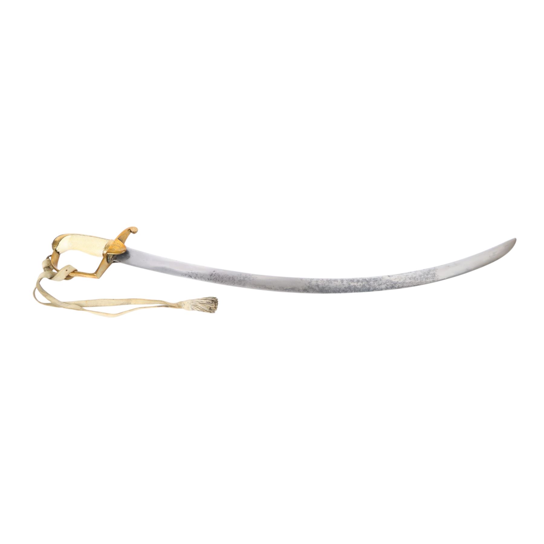 British 1976 pattern cavalry officers' saber variation of  private purchase, the 76cm single edged blade extremely curved, brass stirrup hilt with chequered ivory grip the languets bearing military trophies, with original buck skin sword knot, the leather scabbard has three brass mounts with twin suspension rings, the top mount bears makers cartouche of 'Tatham to his Majesty, Charing Cross London', 1800-1860, overall L90cm  This item has been registered for sale under Section 10 of the APHA Ivory Act 