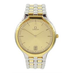 Omega gentleman's gold and stainless steel quartz wristwatch, Cal. 1441, champagne dial with baton and Roman hour markers, on integrated Omega gold and stainless steel bracelet strap, with fold-over clasp