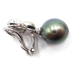 Tahitian black pearl necklace on 18ct white gold clasp hallmarked and a pair of  18ct white gold Tahitian pearl and diamond clip on ear-rings retailed by Gold Arts with original receipt  