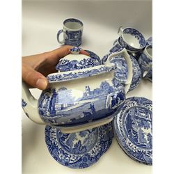 Spode Italian pattern tea service, comprising teapot, milk jug, open sucrier, six cups and saucers, two coffee cans and saucers, six dessert plates, four mugs and a sandwich plate (30) 