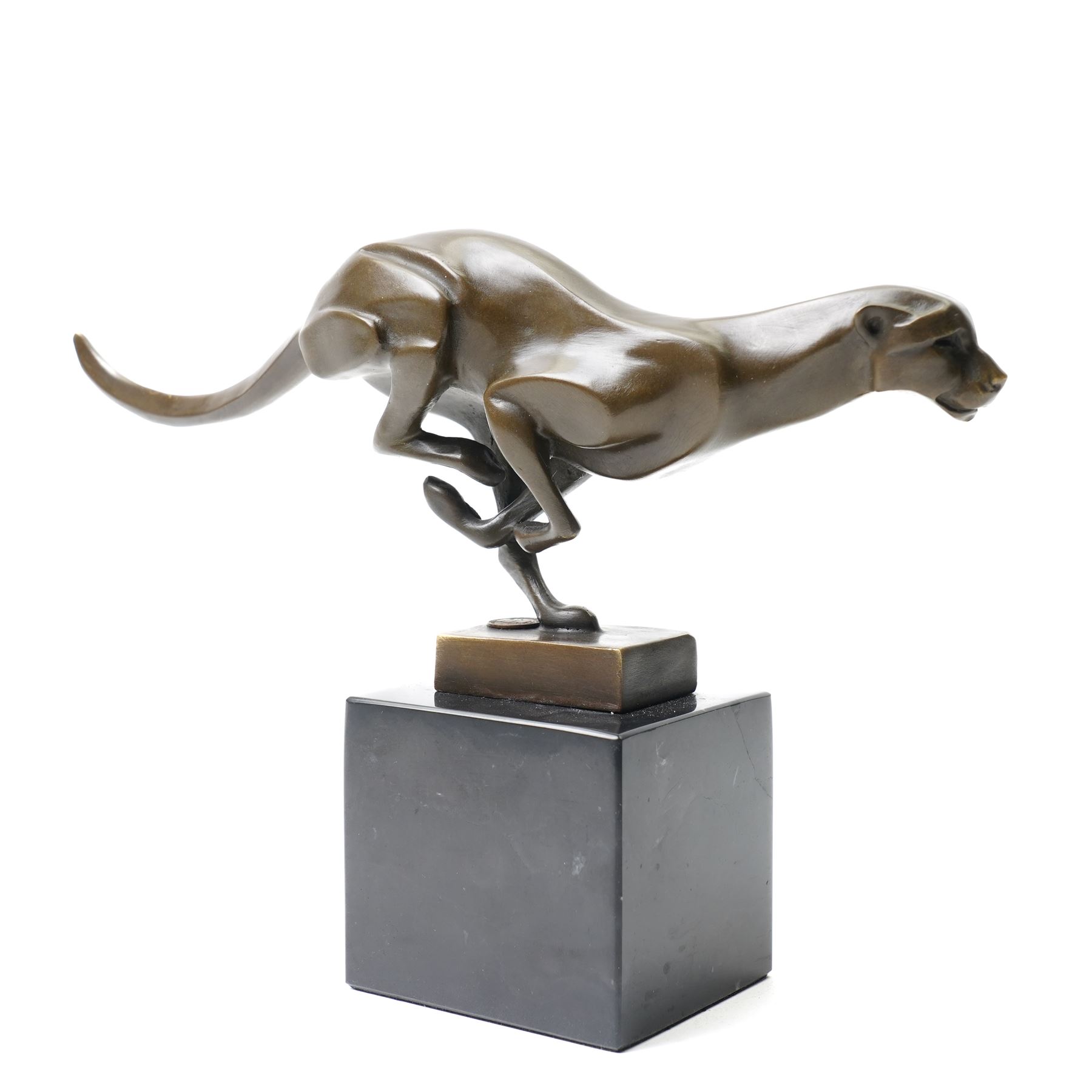 Bronze figure of running cheetah, upon a rectangular marble base, signed and with foundry mark, H20cm