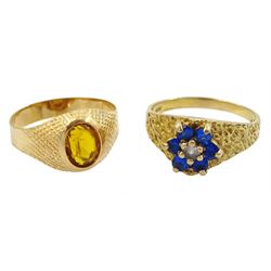 18ct gold yellow stone set ring, stamped 750 and a paste stone set cluster ring, hallmarked