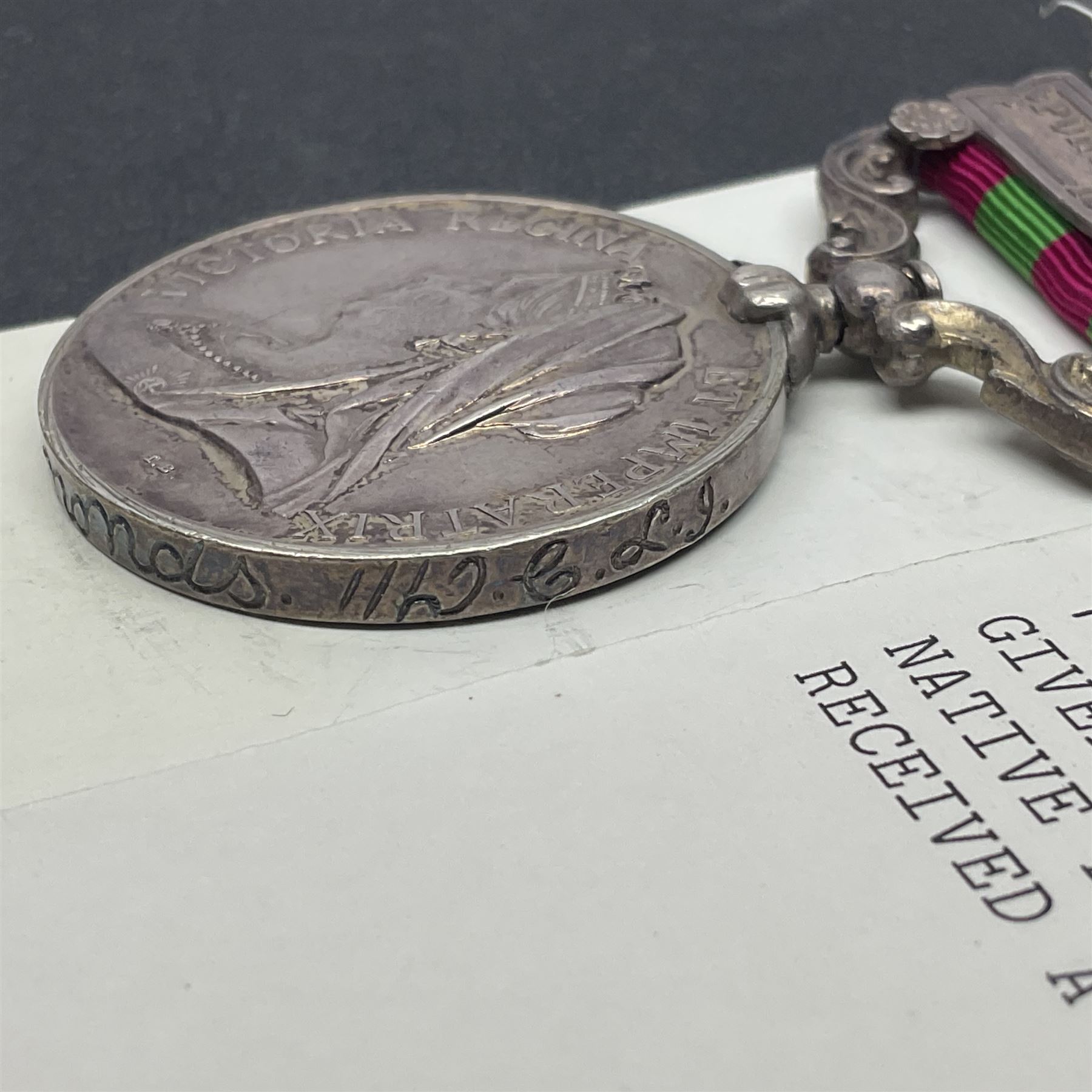 Victoria India Medal with Tirah 1897-98 and Punjab Frontier 1897-98 clasps awarded to 367H Pte. W. Simonds 1/Duke of Cornwall's Light Infantry; with ribbon