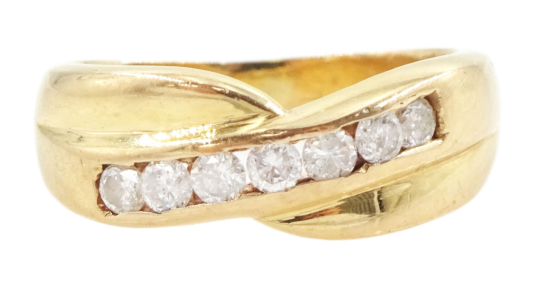 Gold channel set, round brilliant cut diamond crossover ring, total diamond weight approx 0.30 carat