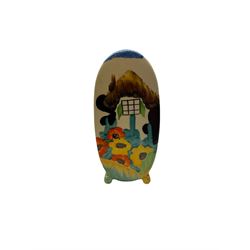 Clarice Cliff Bizarre Bonjour sugar sifter, decorated in the Tralee pattern, hand painted with stylised cottage amongst yellow and orange flowers, with printed mark beneath, H12.5cm