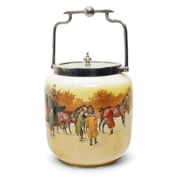 Royal Doulton series ware, comprising Dutch Ruysdael `Two Men Discussing A Letter' pitcher, H33.5cm, Bayeux Tapestry plate and jug, and various Coaching Days items including a biscuit barrel with silver plate cover 