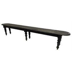 Large 19th century stained oak 9' hall bench, rectangular seat with rounded ends on turned supports