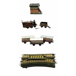 Bing '00' gauge - Table Top train set with clockwork 2-4-0 LMS locomotive and tender, three passenger coaches, signal box and thirteen sections of track; unboxed.