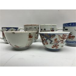 Two 18th century Chinese Yongzheng coffee cups, the first example decorated in polychrome enamel with rooster amidst blossoming peonies, the second decorated with deer and crane among rockwork and pine tree, together with two further 18th century Chinese coffee cups, an 18th century Chinese tea bowl, and a further tea bowl