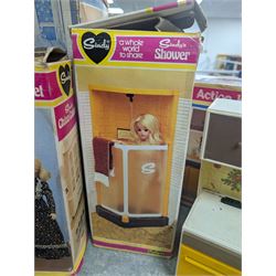 Pedigree Sindy's House and furniture, including shower, kitchen unit, washbasin, china cabinet and bed, all boxed, together with Barbie doll and horse