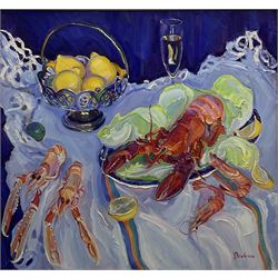 Josephine Graham (Scottish 1926-): 'Lobsters and Crayfish', oil on canvas signed, titled verso 60cm x 64cm
Provenance: private collection; with The Contemporary Fine Art Gallery, High Street, Eton, Berkshire, label verso