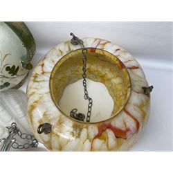 Two Art Deco mottled glass fly catcher ceiling light shades, together with two other 1930s moulded glass ceiling light shades and two Victorian style wash jugs, largest shade D33cm