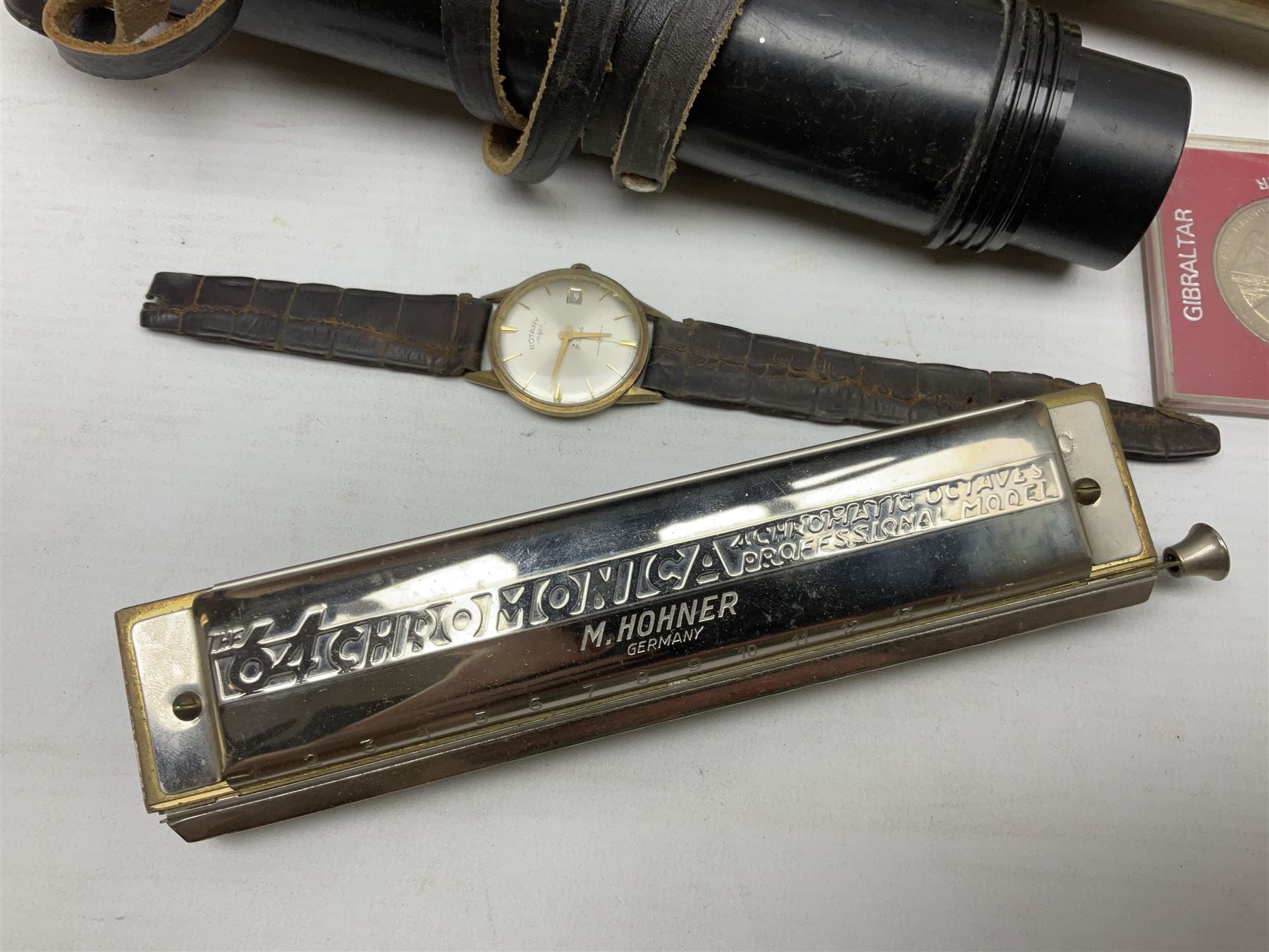 Brass telescope, together with Zenith 7 x 50 field binoculars, two polaroid cameras and other cameras and equipment 