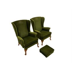 Parker Knoll - pair  vintage 'Penhurst' wingback armchairs, upholstered in olive green fabric on cabriole front supports
