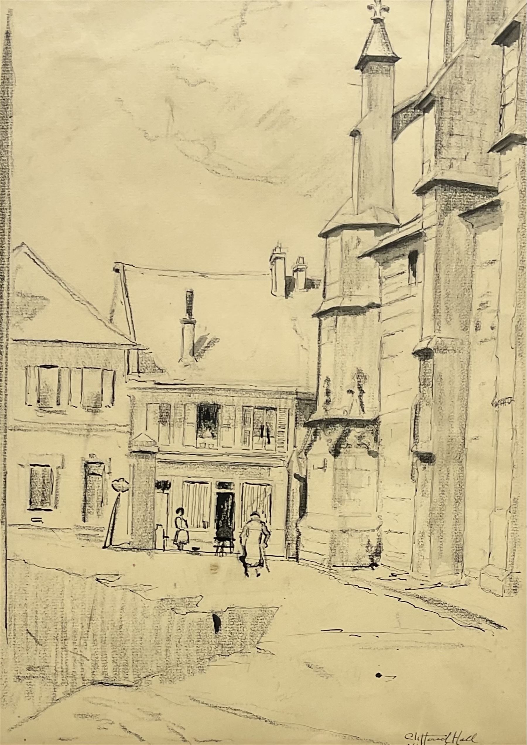 Clifford Hall (British 1904-1973): Continental Street Scene, pen and pencil sketch signed and indistinctly titled 37cm x 27cm