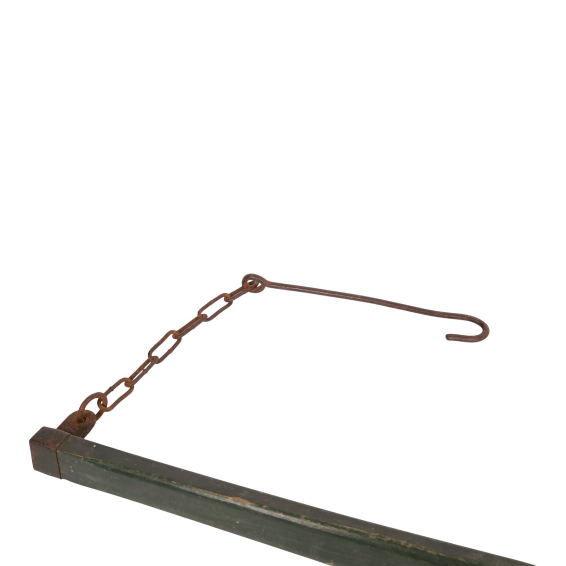 Green painted yoke with iron fittings and hooks, L118cm