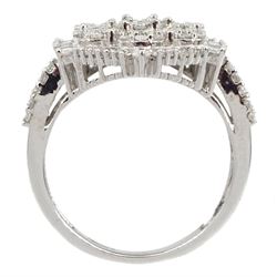 9ct white gold baguette and round brilliant cut diamond hexagonal cluster ring with diamond set shoulders, Birmingham 2011