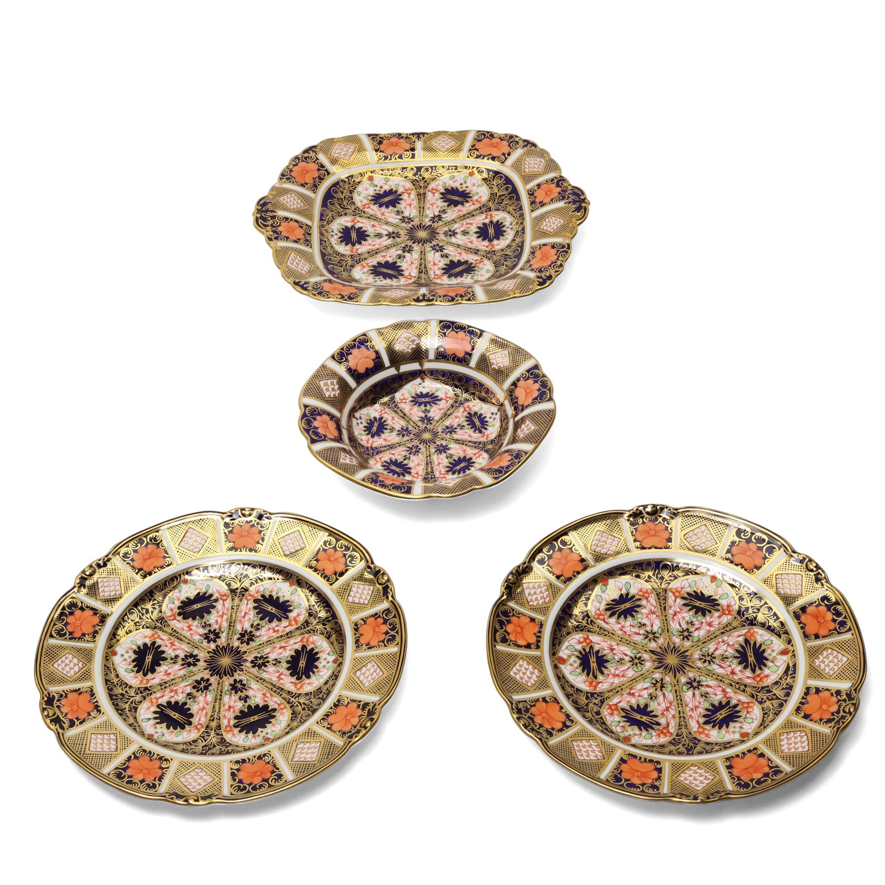 Royal Crown Derby pattern 8706 plates (D23cm), together with a square pattern 9021 sandwich plate, and a small bowl (4)
