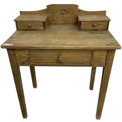 Waxed pine dressing table, two small trinket drawers over single drawer, on square tapering supports 