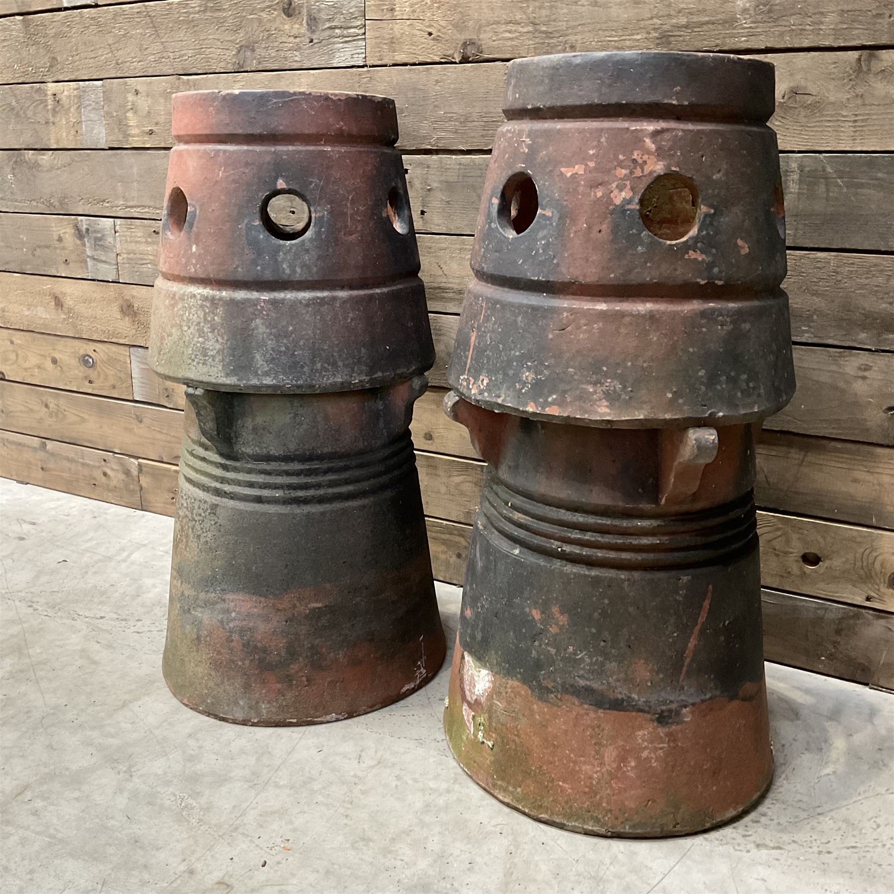 Pair of Victorian terracotta circular chimney pots