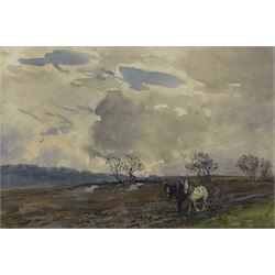 John Atkinson (Staithes Group 1863-1924): Horses Ploughing under Heavy Skies, watercolour signed 22cm x 34cm