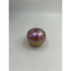 Three Okra scent bottles, each decorated with iridescent patterns on a pink ground, including perfume apple, all with original boxes, from Richard P Golding Studio 