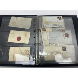 Postal history, including pre-stamp, Queen Victoria imperf penny reds on covers or entires a few with black MX cancels, 1841 two pence blue with white lines added on mourning cover, perf penny red on cover etc, housed in a ring binder folder