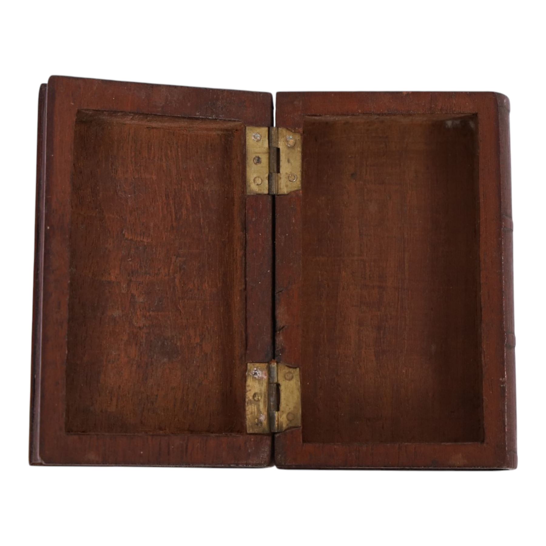 Group of treen, comprising, Mauchline ware coin box, box modelled as pear, egg cup, butter stamp, bell push, sewing implement, weaving tool, and box modelled as book