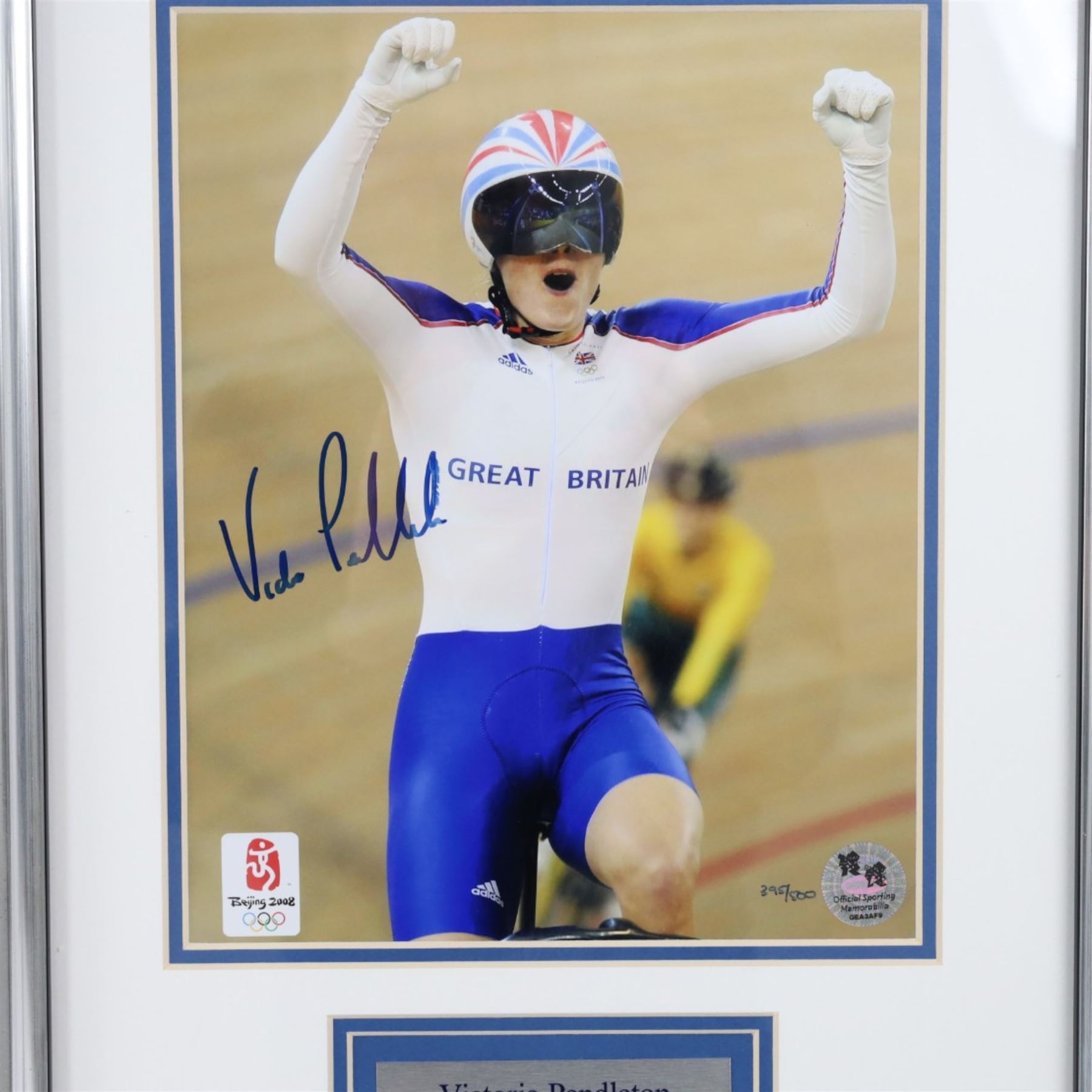 Two limited edition signed London 2012 Olympic colour photographs, the first depicting Jessica Ennis crossing the finish line, with her signature in black marker pen, the second depicting Victoria Pendleton in celebration, with her signature to the left hand side in black marker pen, both with 2012 Olympic Memorabilia authenticity holograms, largest frame H60cm