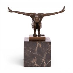 After Milo - bronze figure of a diver, upon a two tone marble base, bearing signature and ...